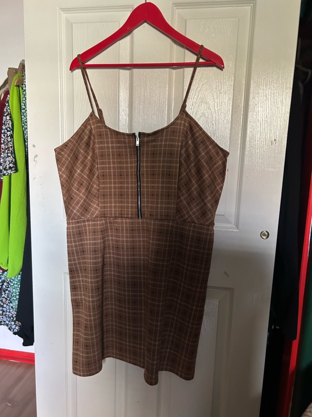No Boundaries Brown Plaid Spaghetti-Strap Mini Dress (XXXL)